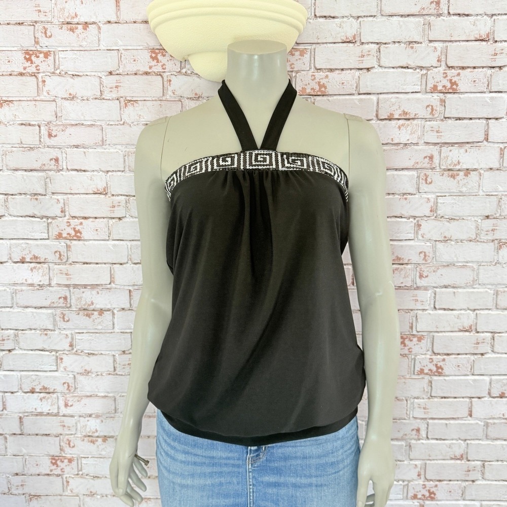 MKM Designs Black Sequin Greek Key Meander Halter Top Lg Y2K Blouson Indie Glam